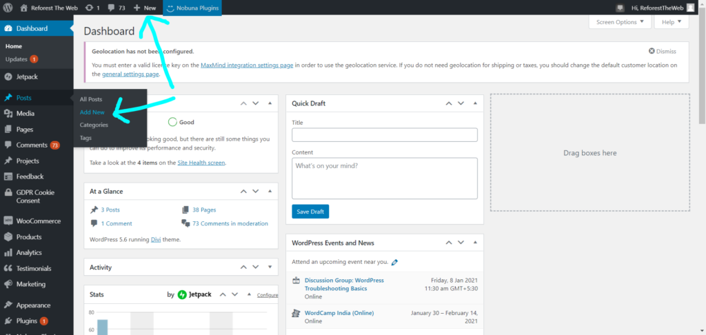 One of a set of screenshots showing step-by-step guide on how to add a blog post on a WordPress website